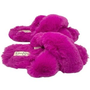 New-Jessica Simpson pink faux fur slip on slippers women’s Size Large (8-9)